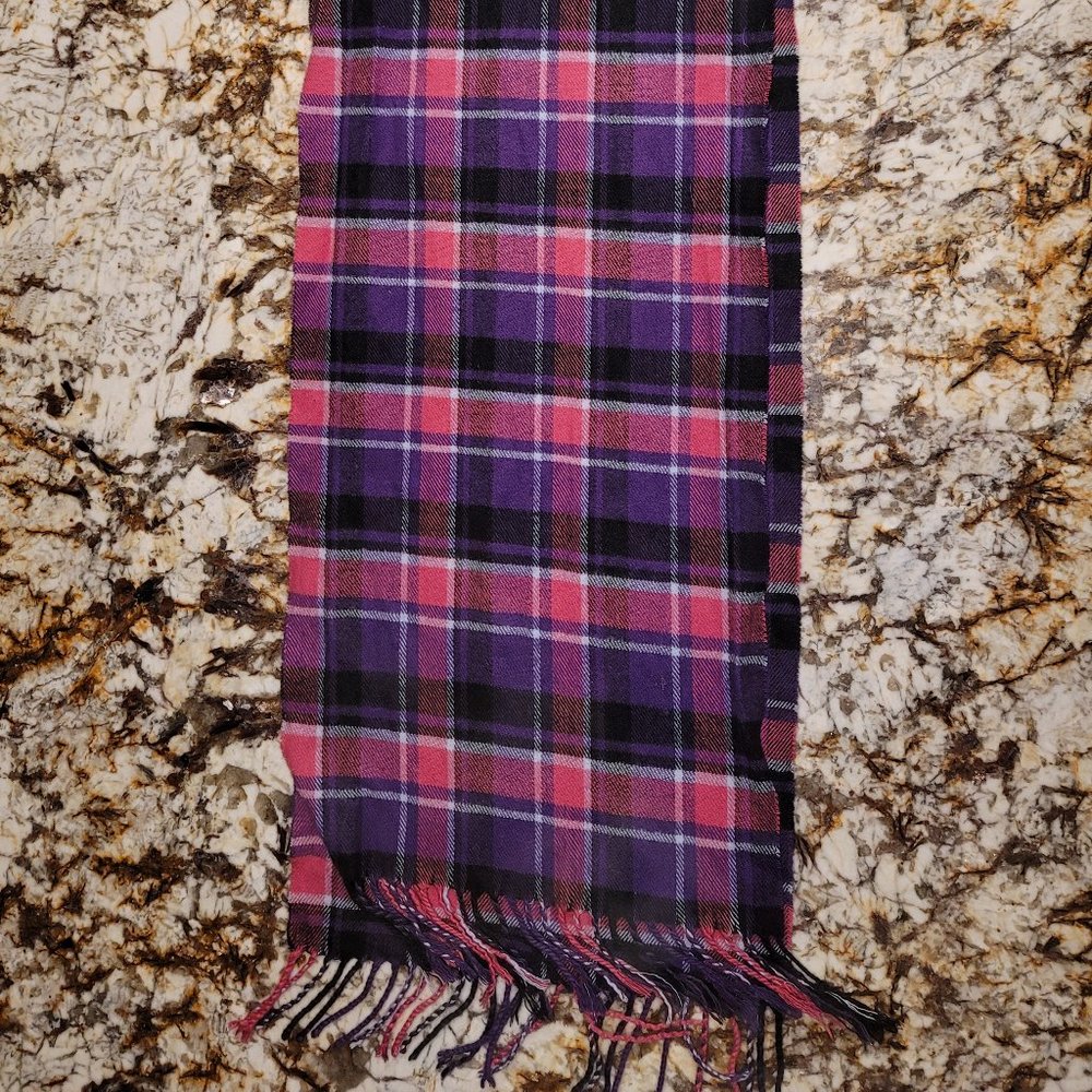 Pink Purple Black Plaid Scarf / Wrap 11.5" x 66"